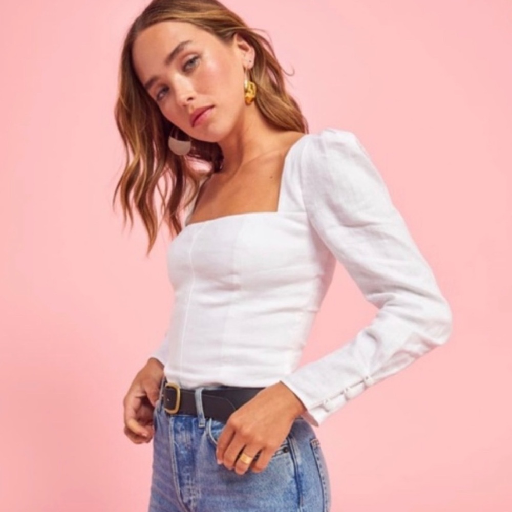 REFORMATION Fillmore Long Sleeve White Linen Top, Size 12 1440